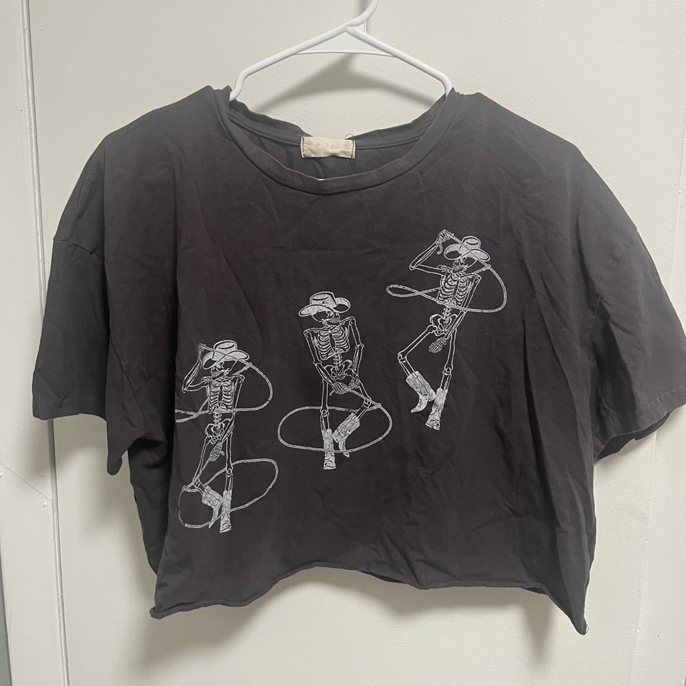 Altar'd State Black Cropped Tee with White Skeleton Cowgirls